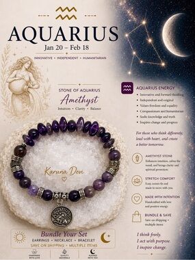 Amethyst Aquarius ♒️ Unisex Stretch Bracelet - Purple